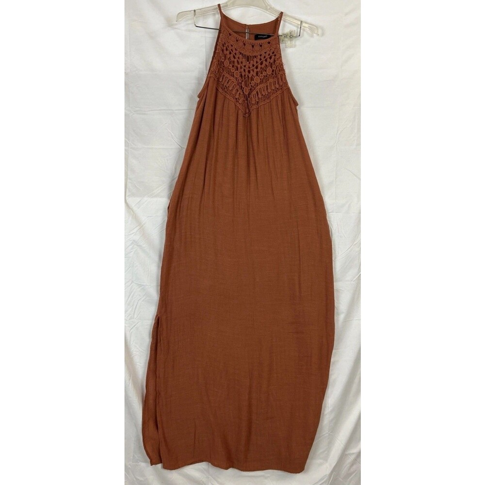 FARORO Rust Orange Crochet Lace Halter Maxi Dress Boho Women's Size S